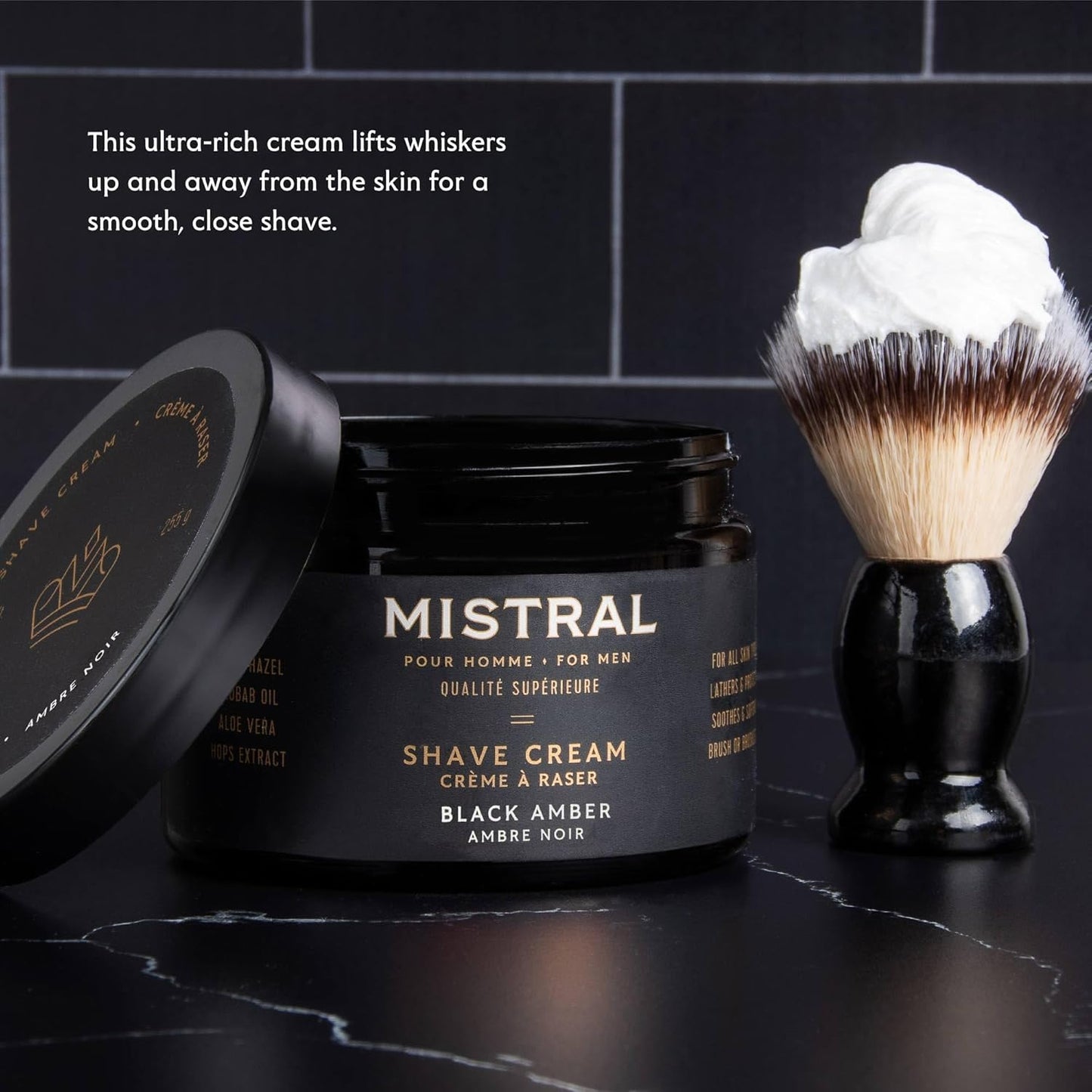 Mistral Black Amber Shaving Cream for Men | Smooth Triple Layered Foam | Men’s Shave Cream with Organic Plant Extracts | pH-balanced, Phthalates & Paraben-Free | Made in USA. 9oz Tub