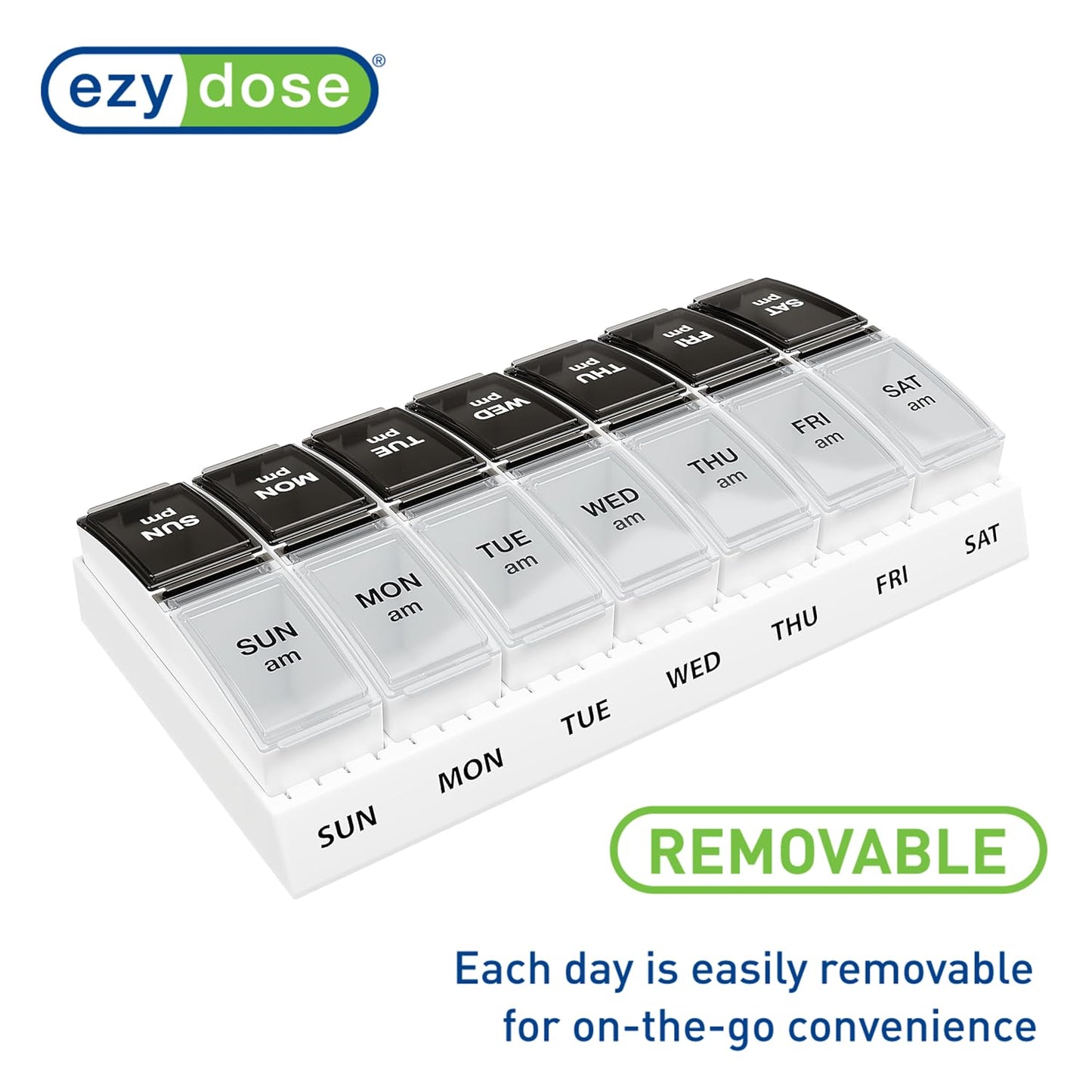EZY DOSE Weekly (7-Day) Daily AM/PM Pill Case, Medicine Planner, Vitamin Organizer, Supplement Container, Small Pop-out Compartments, Designed for Travel, 2 Times a Day, Black and Clear Lids