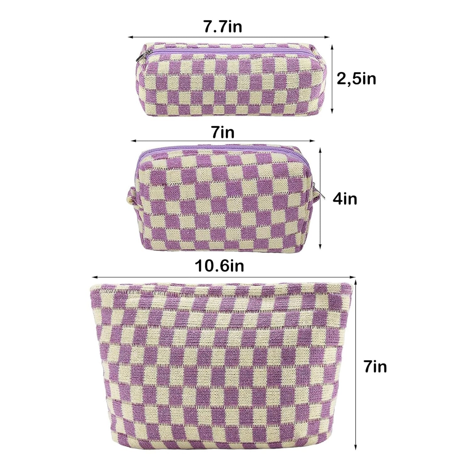 ZLFSRQ 3Pcs Checkered Makeup Bag for Women Large Small Checkered Cosmetic Bag Set Aesthetic Preppy Pencil Case Cute Pencil Pouch Purple Makeup Pouch for Purse Travel Toiletry Bags Zipper Skincare Bags