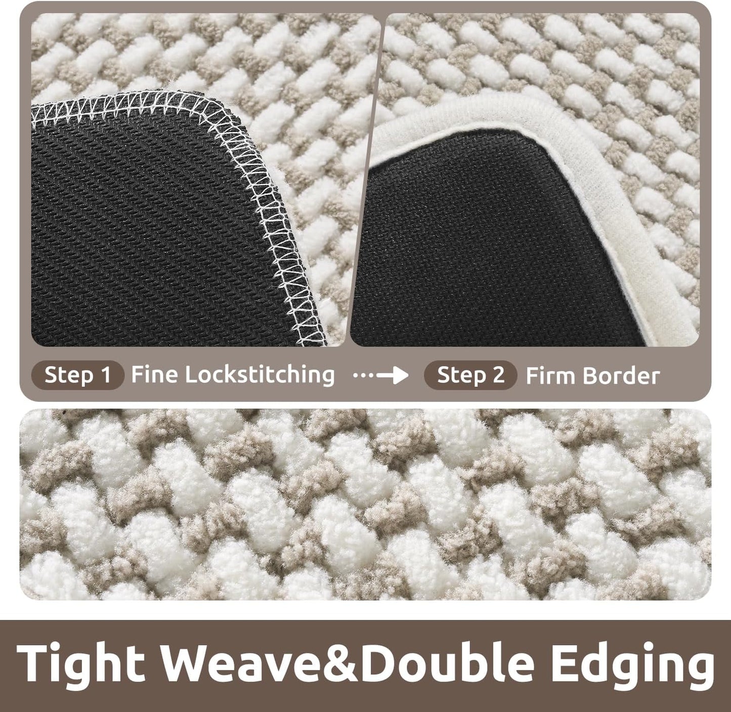 AMOAMI Chenille Bath Mat Super Absorbent Bathroom Mat Quick Dry Low Pile Bath Mats for Bathroom Washable Rubber Backed Bathroom Runners Fit Under Door, Front of Bathtub, Sink, Beige&White 17"x59"