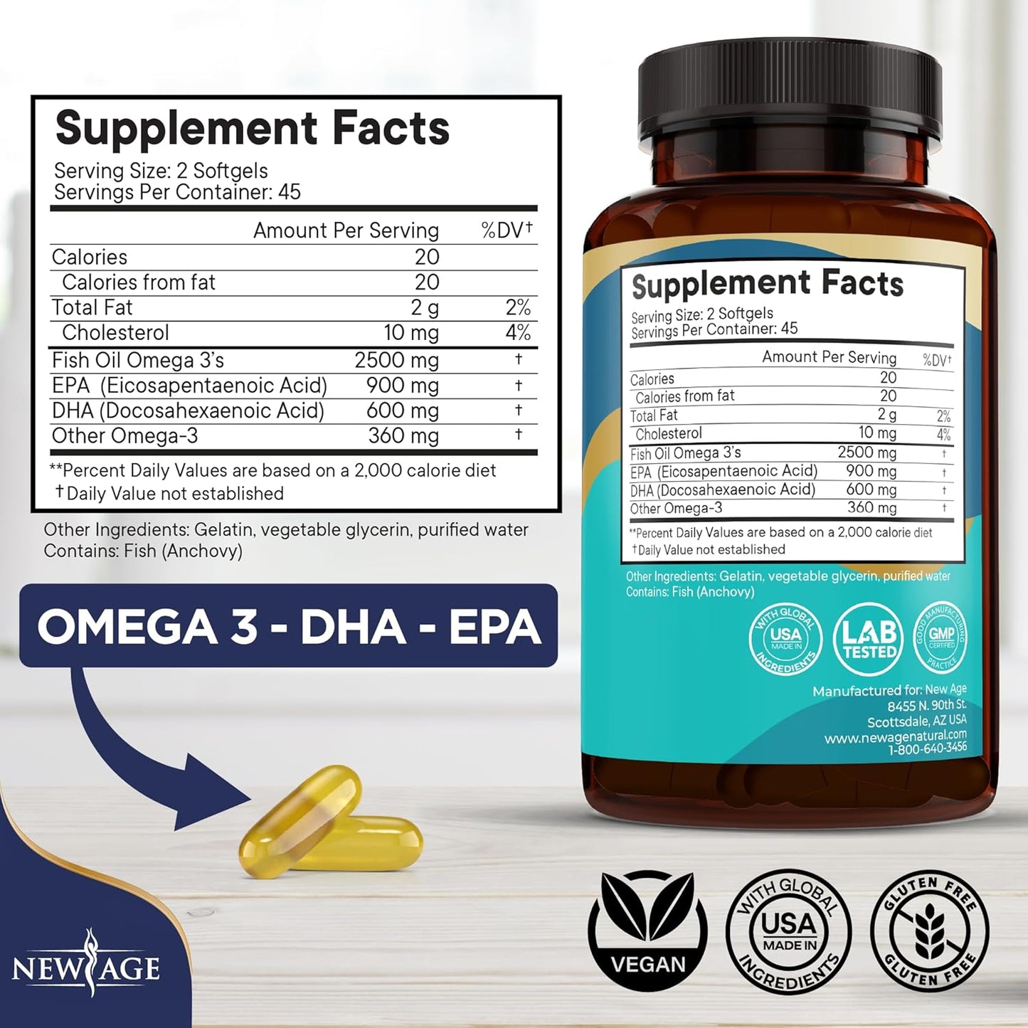 NEW AGE Omega 3 Fish Oil Supplement Immune & Health Support – Promotes Joint, Eye & Skin Health - Non GMO - EPA, DHA Fatty Acids Gluten Free (90 Softgels (Pack of 1))
