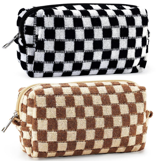 ZLFSRQ 2Pcs Checkered Pencil Case Cute Pencil Pouch for Teens Checkered Makeup Bag Medium Travel Cosmetic Bag Preppy Makeup Pouch for Purse Aesthetic Zipper Toiletry Bags Organizer(Black/Brown)