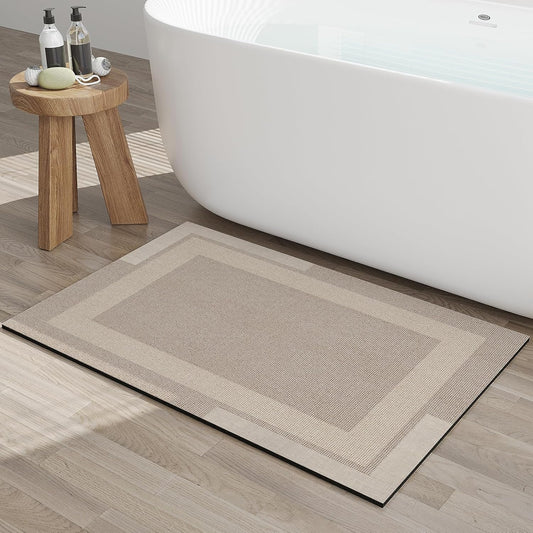 Non Slip Bath Mat, Rubber Backing Ultra Thin Bathroom Rugs Fit Under Door Quick Dry Super Absorbent Washable Bath Rug Shower Mat for Bathroom Floor Bathtub Shower Sink, Easy Care Beige 24"x 35"