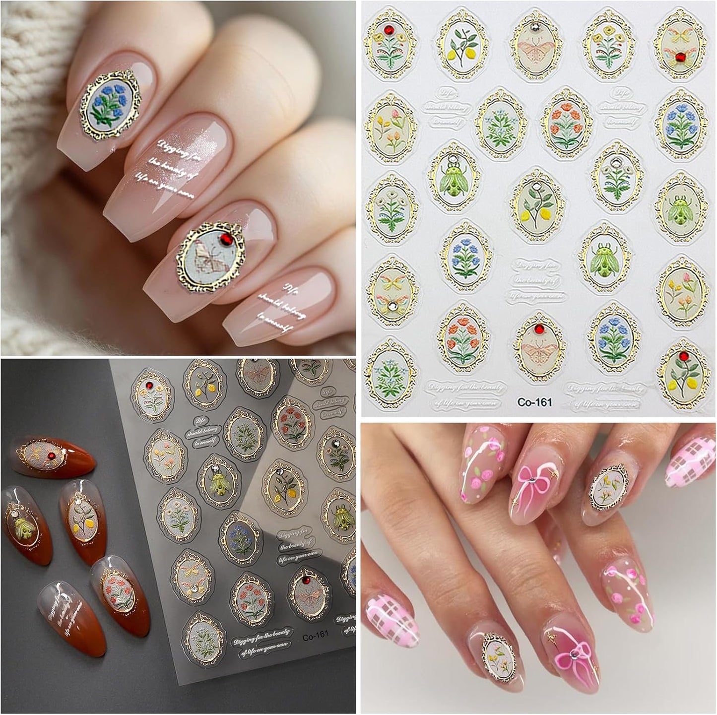 Spring Flower Nail Art Stickers Decals Blue Green Butterfly Nail Decals Self Adhesive 5D Embossed for Women Nails Design Decoraion 3D Flower Mails Stickers Supplies