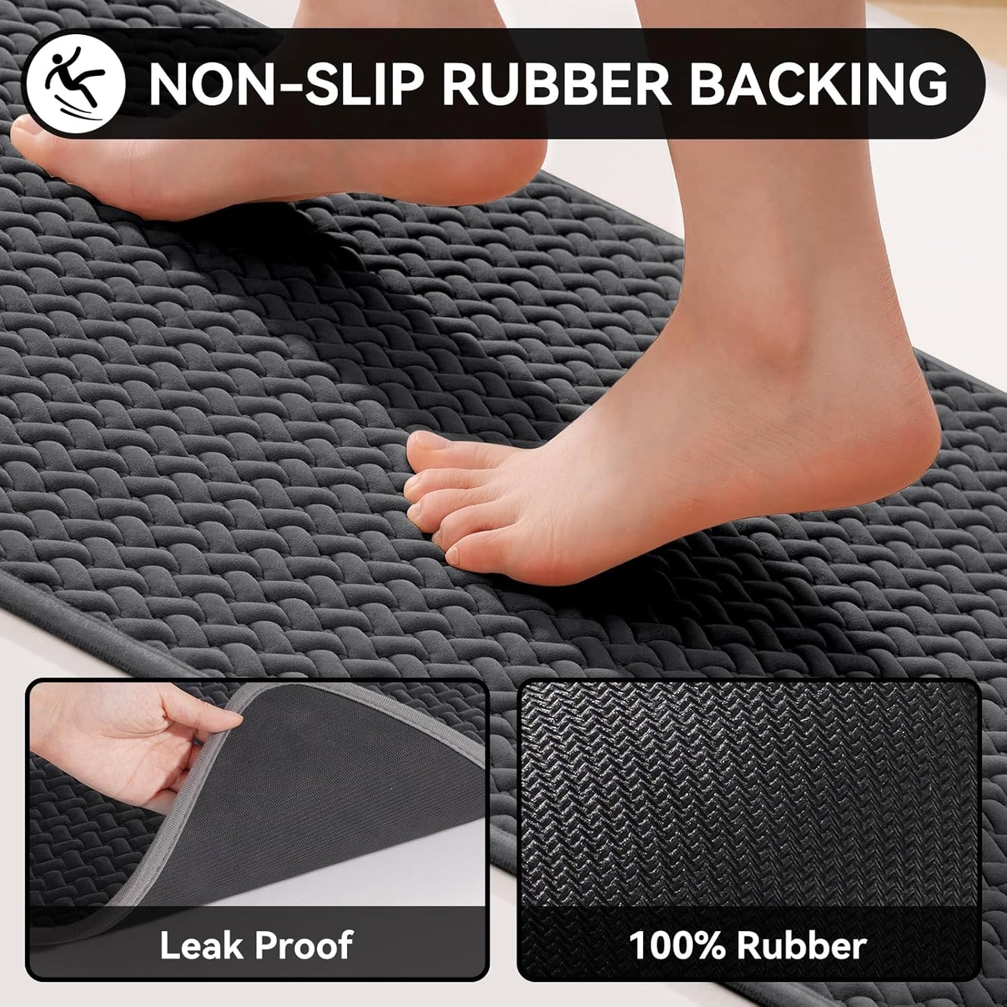 Bathroom Runner Rug Non Slip, Super Absorbent Quick Dry Long Bath Mat, Foam Weave Texture Rubber Backing Ultra Thin Bathroom Mats Fit Under Door Bathroom Floor Bathtub Shower