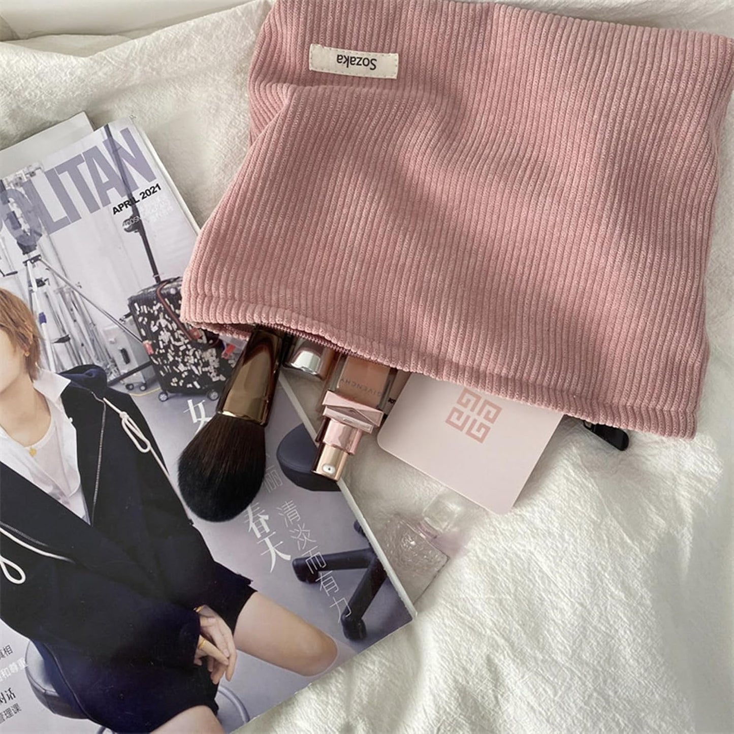 Cosmetic Bags for Women - Corduroy Cosmetic Bag Aesthetic Women Handbags Purses Smile Dots Makeup Organizer Storage Makeup Bag Girls Case Bags (Pure Pink)