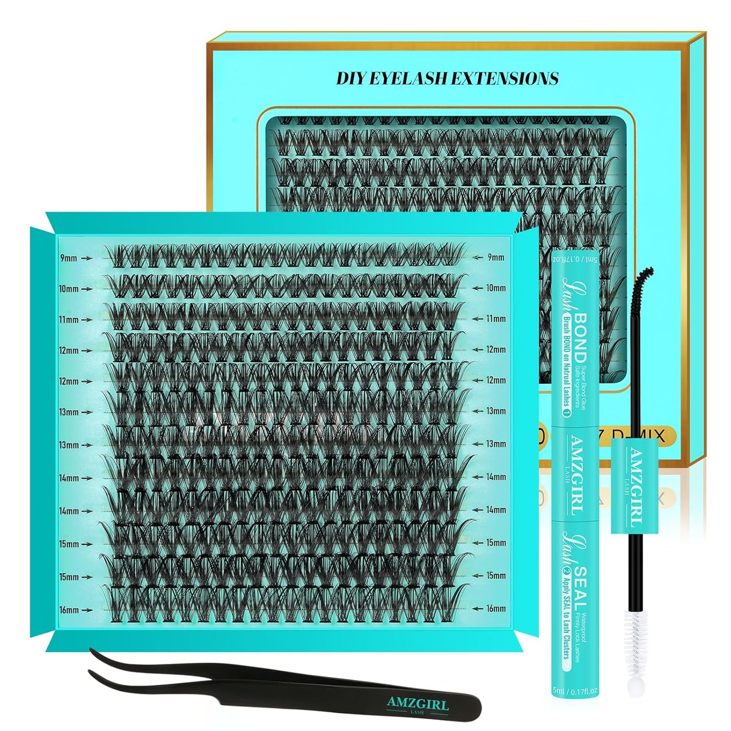 Lash Extension Kit 240Pcs 40D Individual Lashes Clusters Kit,Lash Bond And Seal for Eyelashes Extensions,Lash Applicator Tool For False Eyelash Cluster Kit(40D,D-Mix9-16mm)