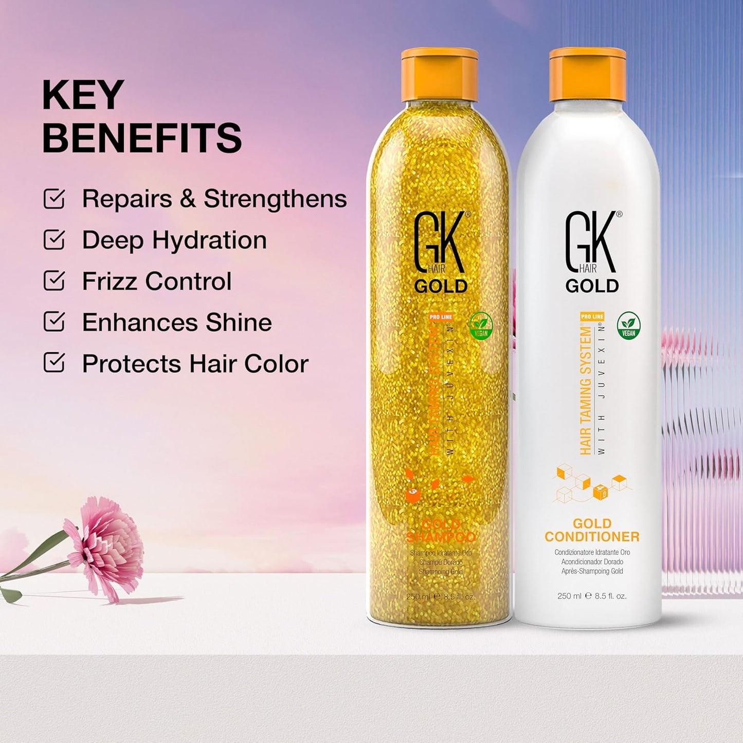 GK Hair Gold Shampoo and Conditioner Set for Daily Use Gentle Fragrance with Keratin Argan Oil Aloe Vera and Shea Butter Hydrates Adds Shine Reduces Frizz for Dry and Damaged Hair