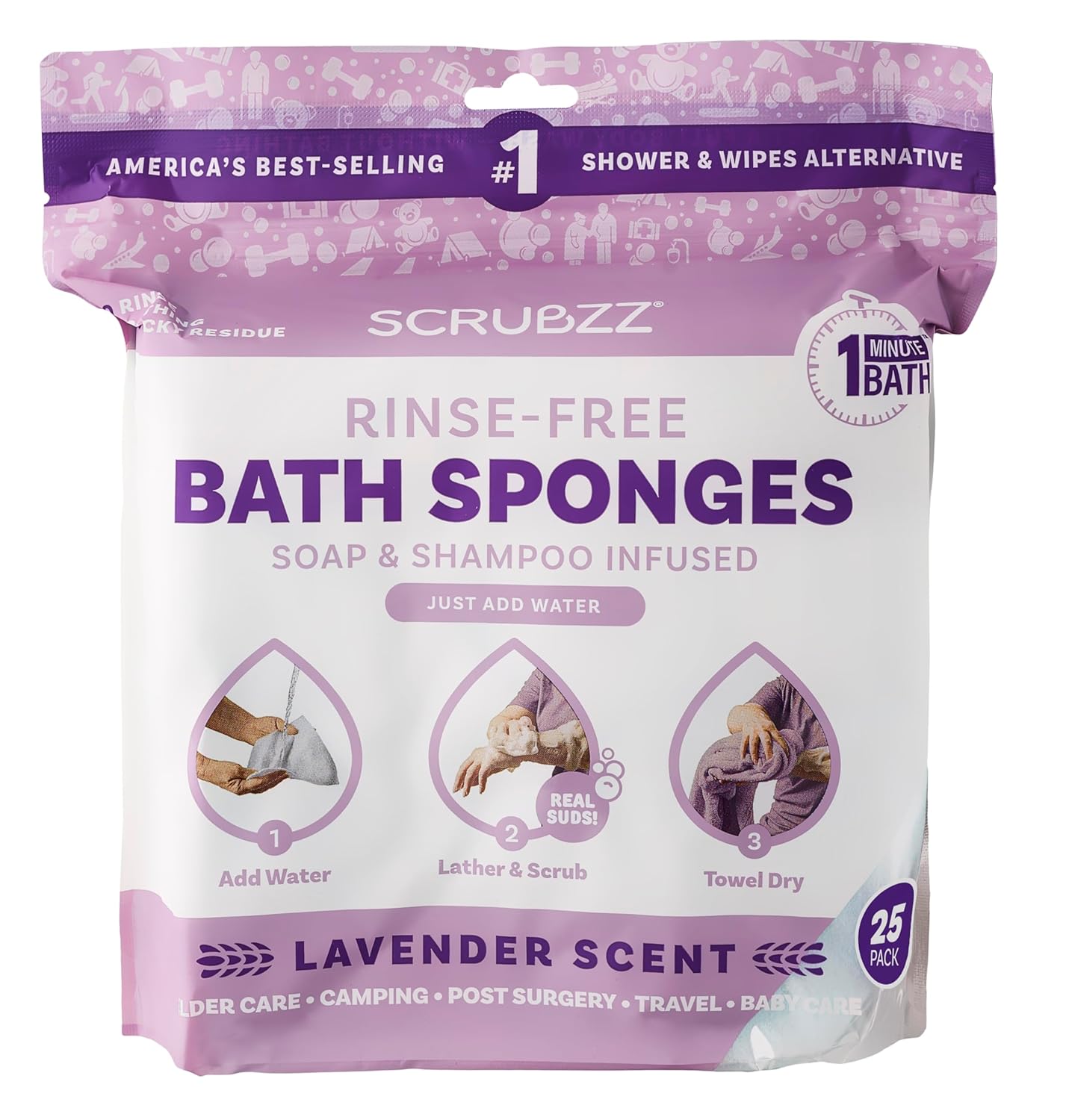 Scrubzz Disposable No Rinse Bathing Wipes - 25 Pack - All-in-1 Single Use Shower Wipes, Simply Dampen, Lather, and Dry Without Shampoo or Rinsing (Lavender, 1-Pack)
