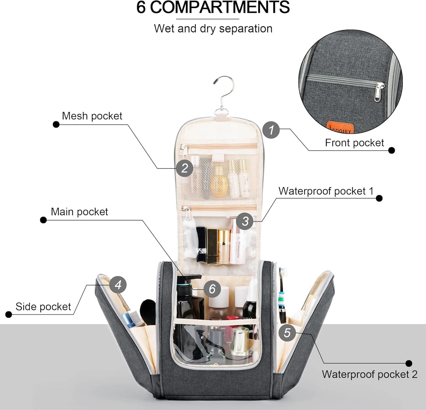 Hanging Travel Toiletry Bag for Women and Men, 6 Organizer Compartments, Extra Large Toiletries Bag, Bathroom Cosmetic Bag, Water-resistant Makeup Bag, Holds Full-Size Shampoo, Grey