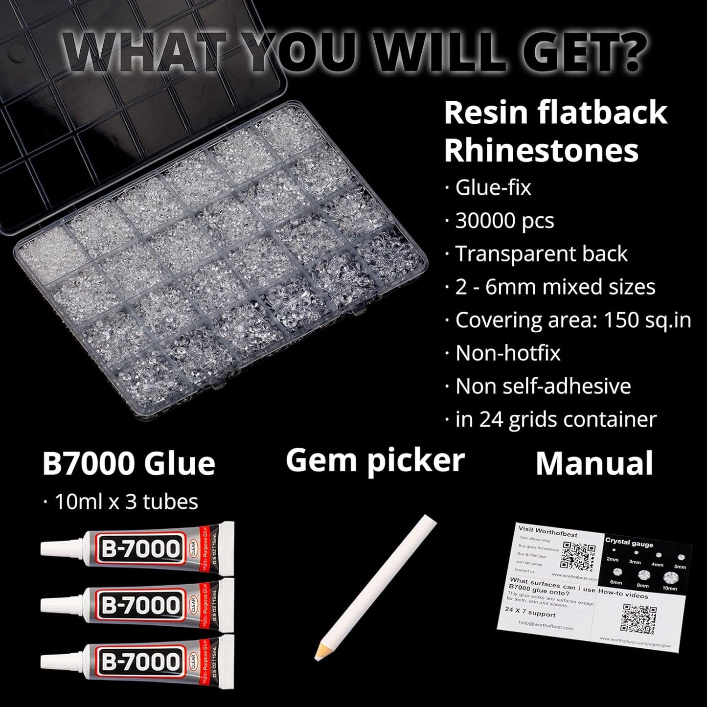 30000Pcs Resin Rhinestones for Crafting Bedazzling, Transparent See-through Clear Flatback Gems Crystal for Crafts Clothing Clothes Shoes Fabric Tumbler, Flat Back Jewels Various Sizes with b7000 Glue