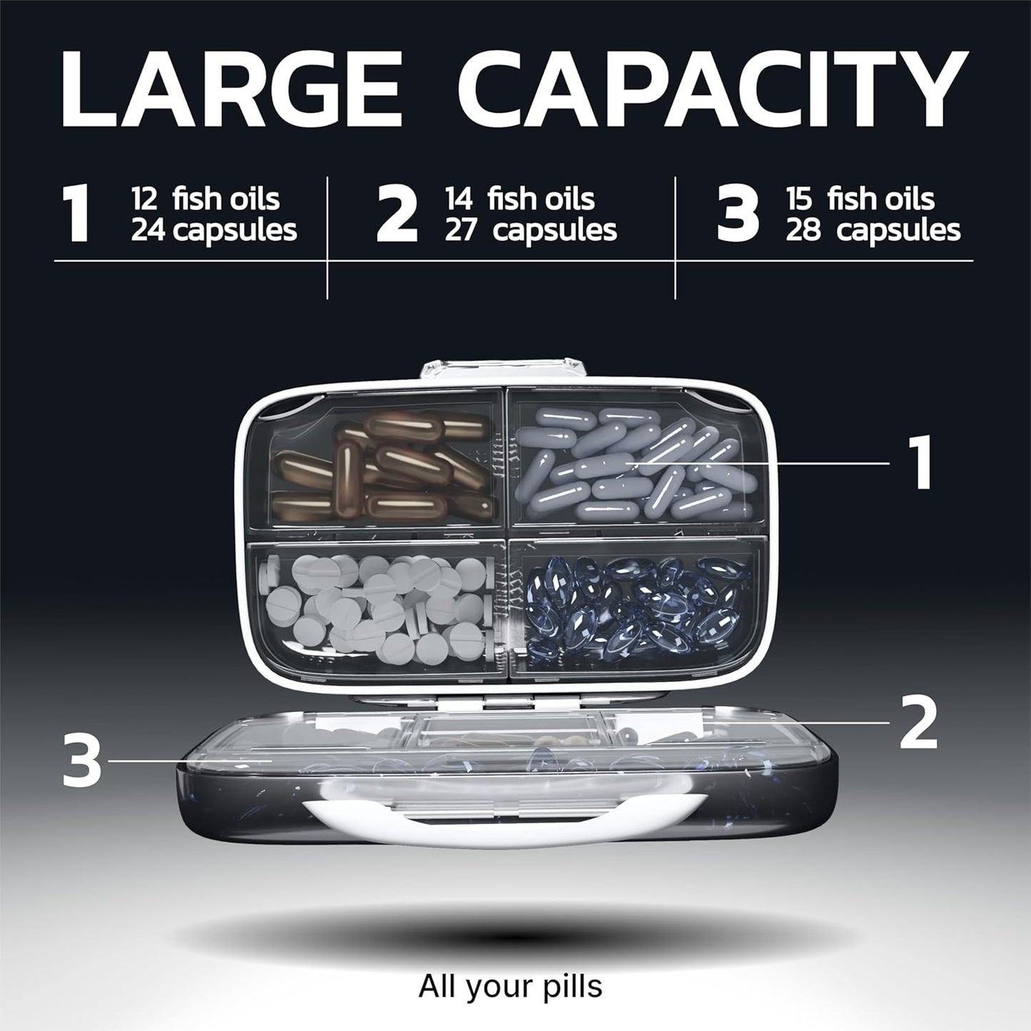 Travel Pill Organizer - Airtight Medicine Case for Traveling Portable Pharmacy Box with Labels Vitamin Container 8 Compartment Supplement Medication Holder Large Capacity Daily (Grey)