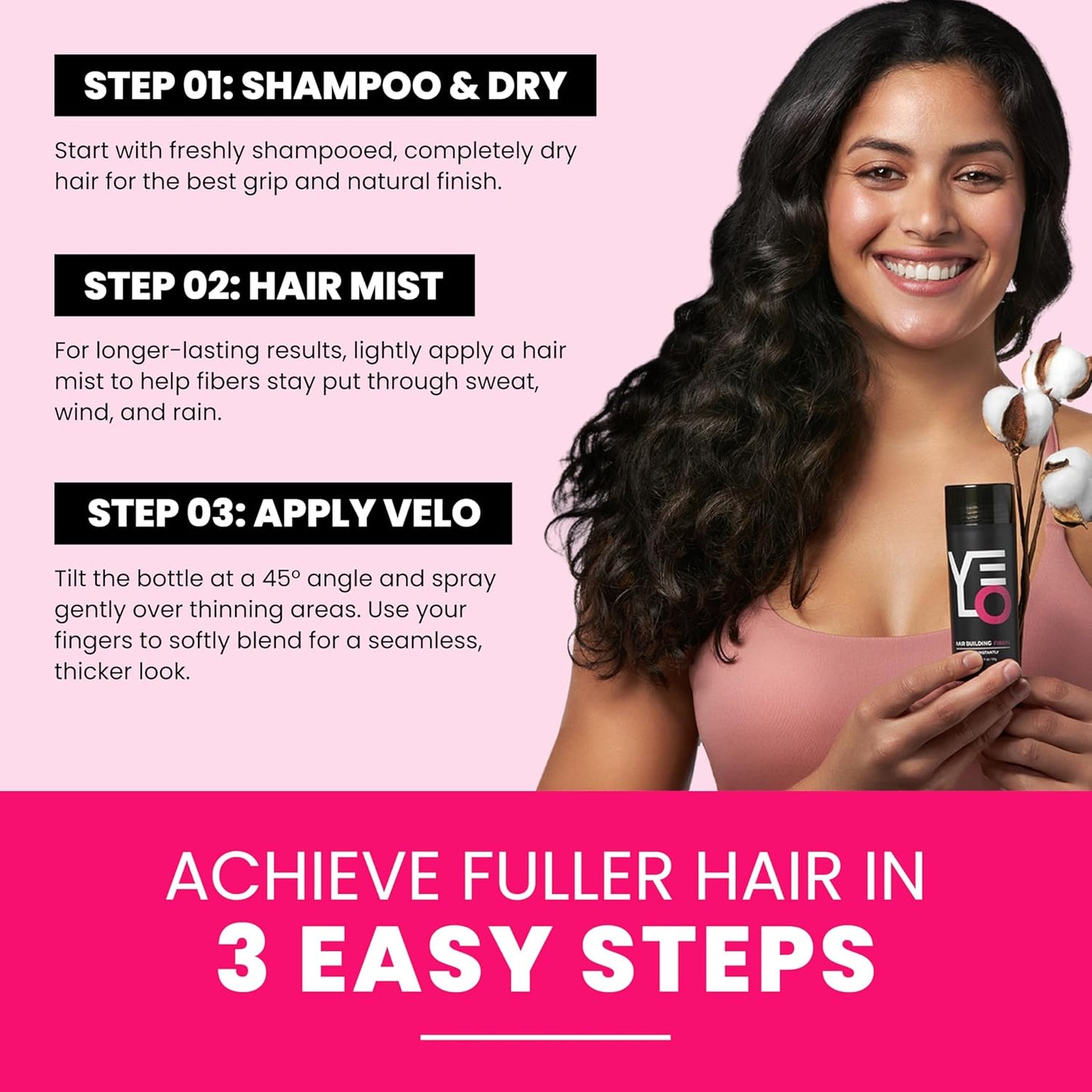 VELO Hair Building Fibers for Thinning Hair –BLACK Hair Fibers for Men & Women – Covers Bald Spots, Hairline Powder, Hair Thickening Fibers – Hair Filler Powder for Fuller-Looking Hair – 30g