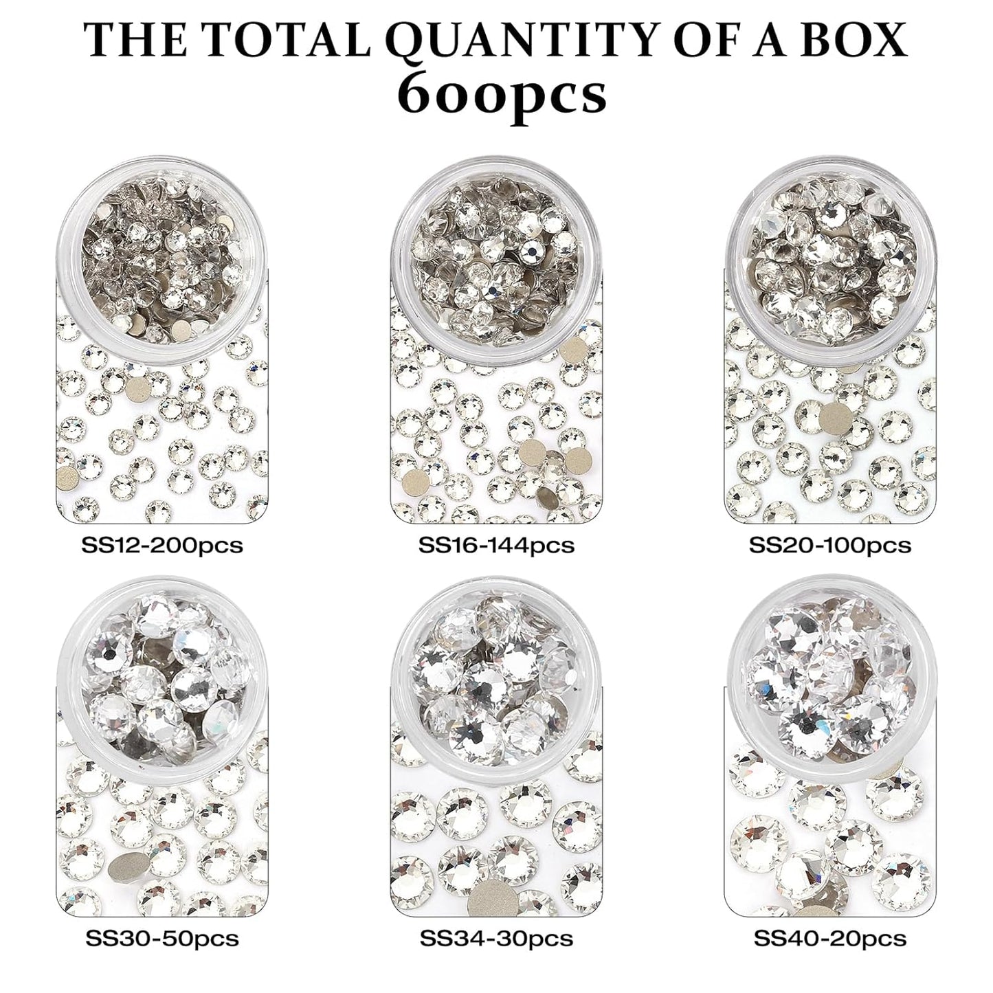 Novani Clear Rhinestones Flat Back Round Rhinestone Style 2088 Sparkly Crystal Gemstones for Crafting,Mixed Large Size(SS12-SS40，600PCS)