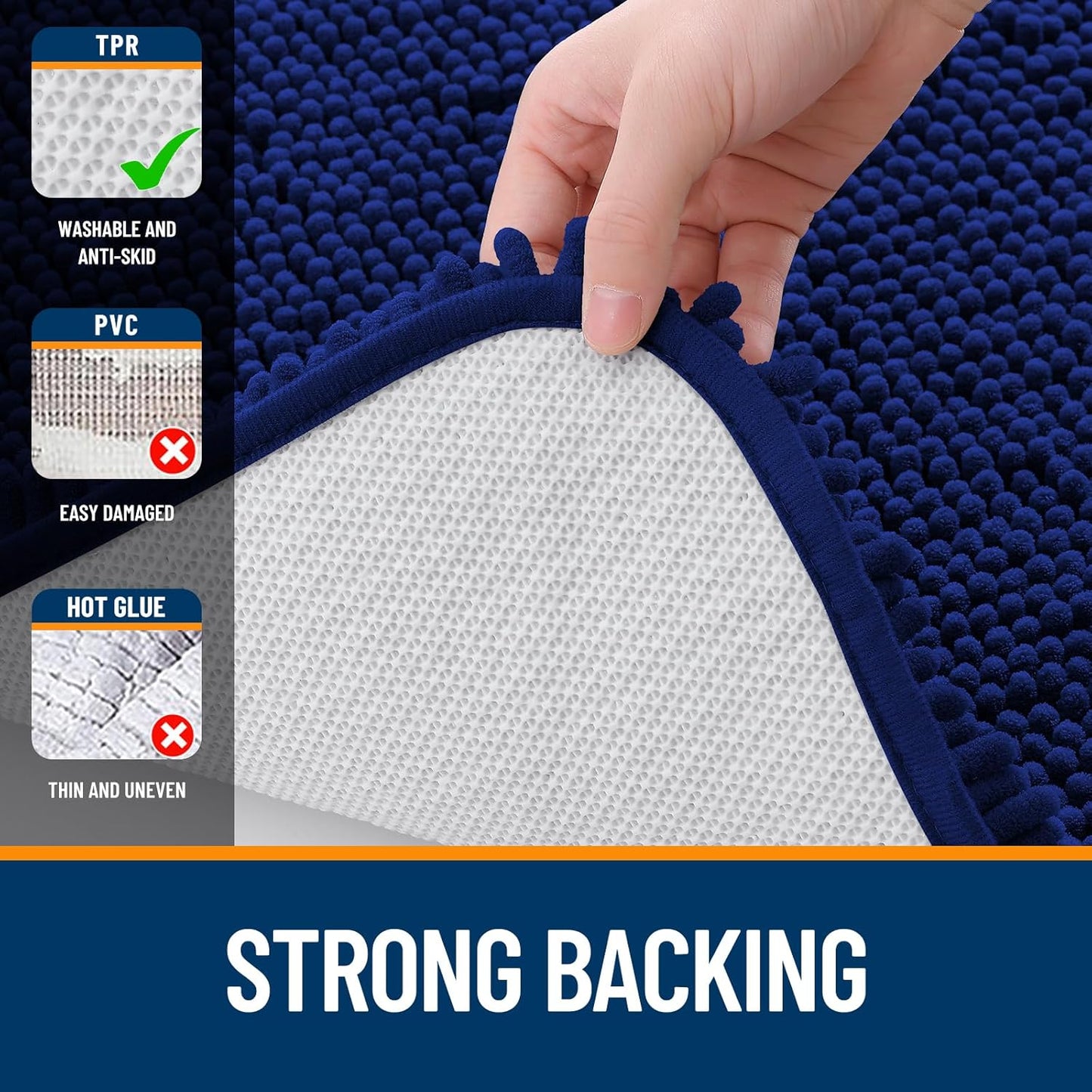 OLANLY Bathroom Rugs 34x21, Extra Soft Absorbent Chenille Bath Rugs, Rubber Backing Quick Dry, Machine Washable Bath Mats for Bathroom Floor, Tub and Shower, Home Decor Accessories, Navy