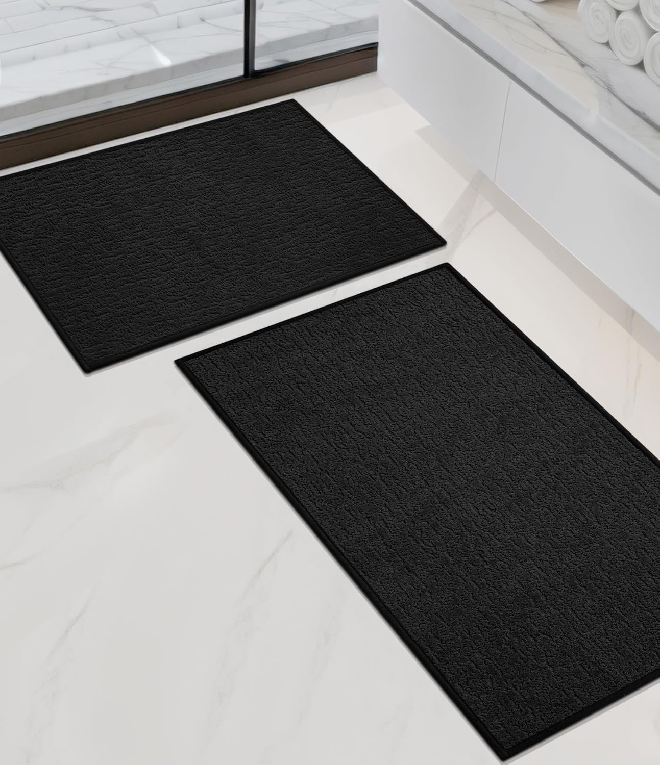 chakme Bathroom Rug Sets 2 Piece, Ultra Thin Bath Mat Quick Dry Bath Mat, Absorbent Bath Mat for Bathroom Non Slip Machine Washable, (Black)