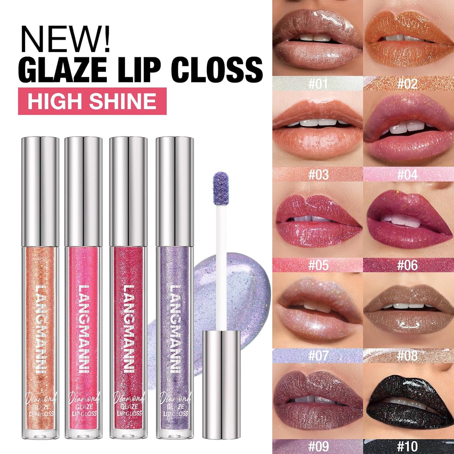 LANGMANNI 4 Colors Diamond Glitter Lip Gloss Set,Long Lasting High Shine Shimmer Liquid Lipstick Set,Hydrating,Moisturizing Lip Gloss Kit Gift Makeup For Girls(#05+06+07+08)