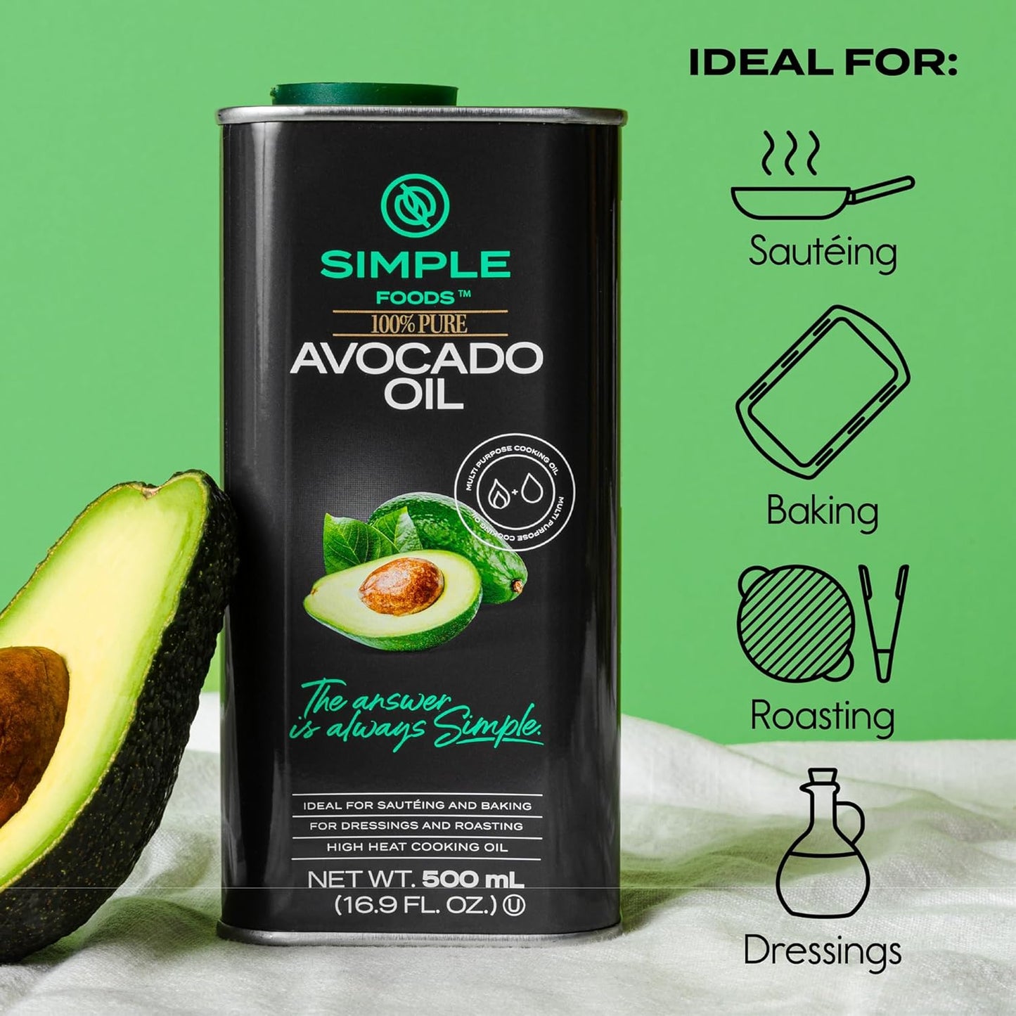 Simple Foods Avocado Oil - 100% Pure, Non-GMO, High Smoke Point, Mild Flavor 16.9 oz