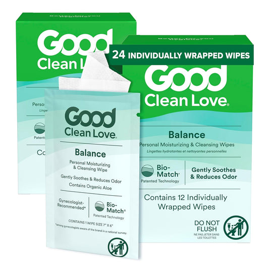 Good Clean Love Balance pH-Balanced Feminine Wipes, Supports Vaginal Health Naturally & Reduces Odor, Non-Irritating Moisturizing & Cleansing Hygiene Product Made with Organic Aloe, (24 Count)