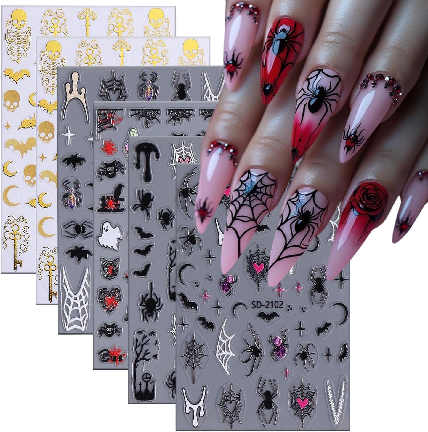 6 Sheets Halloween Nail Art Stickers 3D Self -Adhesive Ghost Bat Spider Nail Decals Holographic Spider Web Skeleton Blood Drop Nail Stickers Halloween Nail Decoration for Women Manicure Supplies