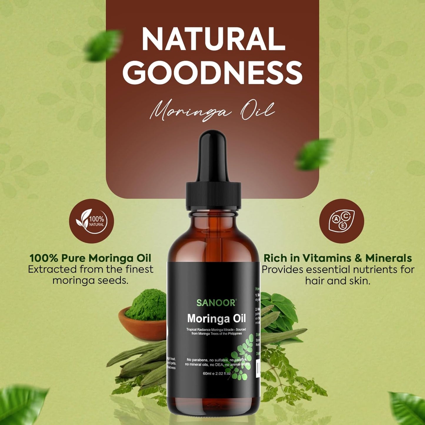 Moringa Miracle Oil | FBA Approved | 100% Pure & Cold-Pressed | Deeply Hydrating Oil for Hair & Skin with Natural Nutrient-Rich Hair Butter for Strength & Shine | 2.02oz (60ml)