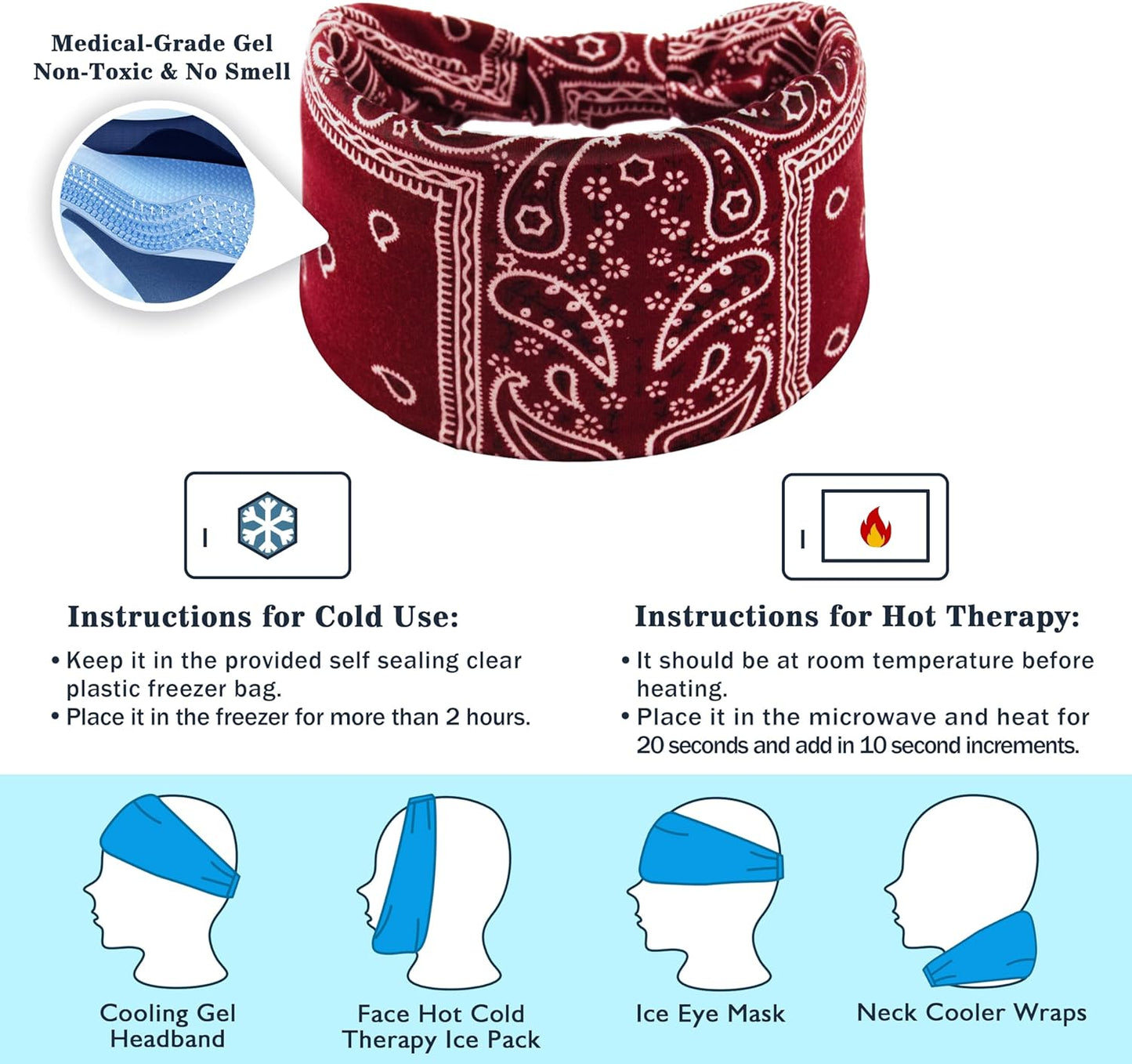 Crimmy Migraine Headache Relief Cap, Cooling Gel Headband Neck Wrap Hat Mask, Soothing Ice Pack Head Face Cold Compress for Tension Stress & Hangover (ice red Cashew)