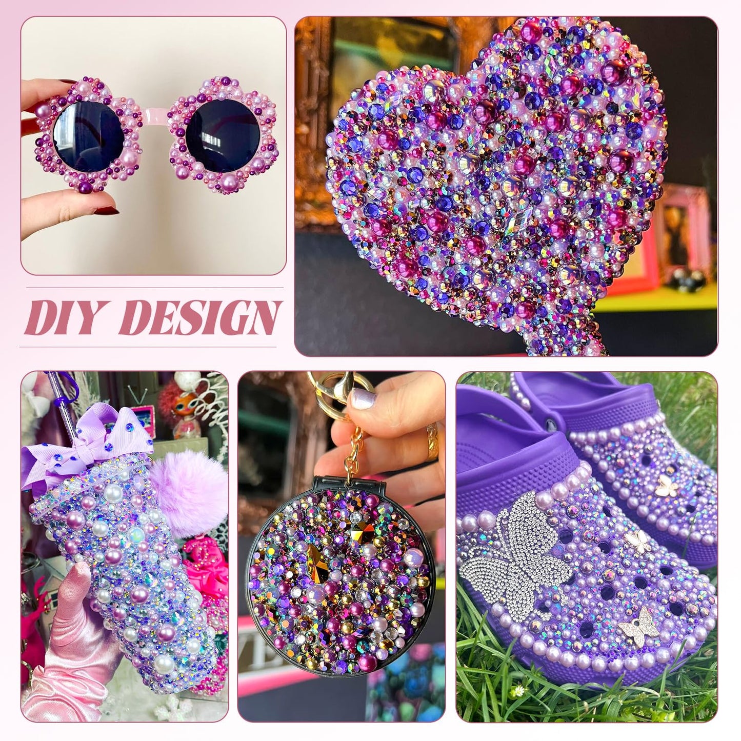 80g Flatback Pearls and Rhinestones for Crafting, Purple Mixed Size 3-10mm Resin Rhinestones and Half Pearls for Bedazzling, Nail Art and Decoration with Tweezer and Pickup Pencil