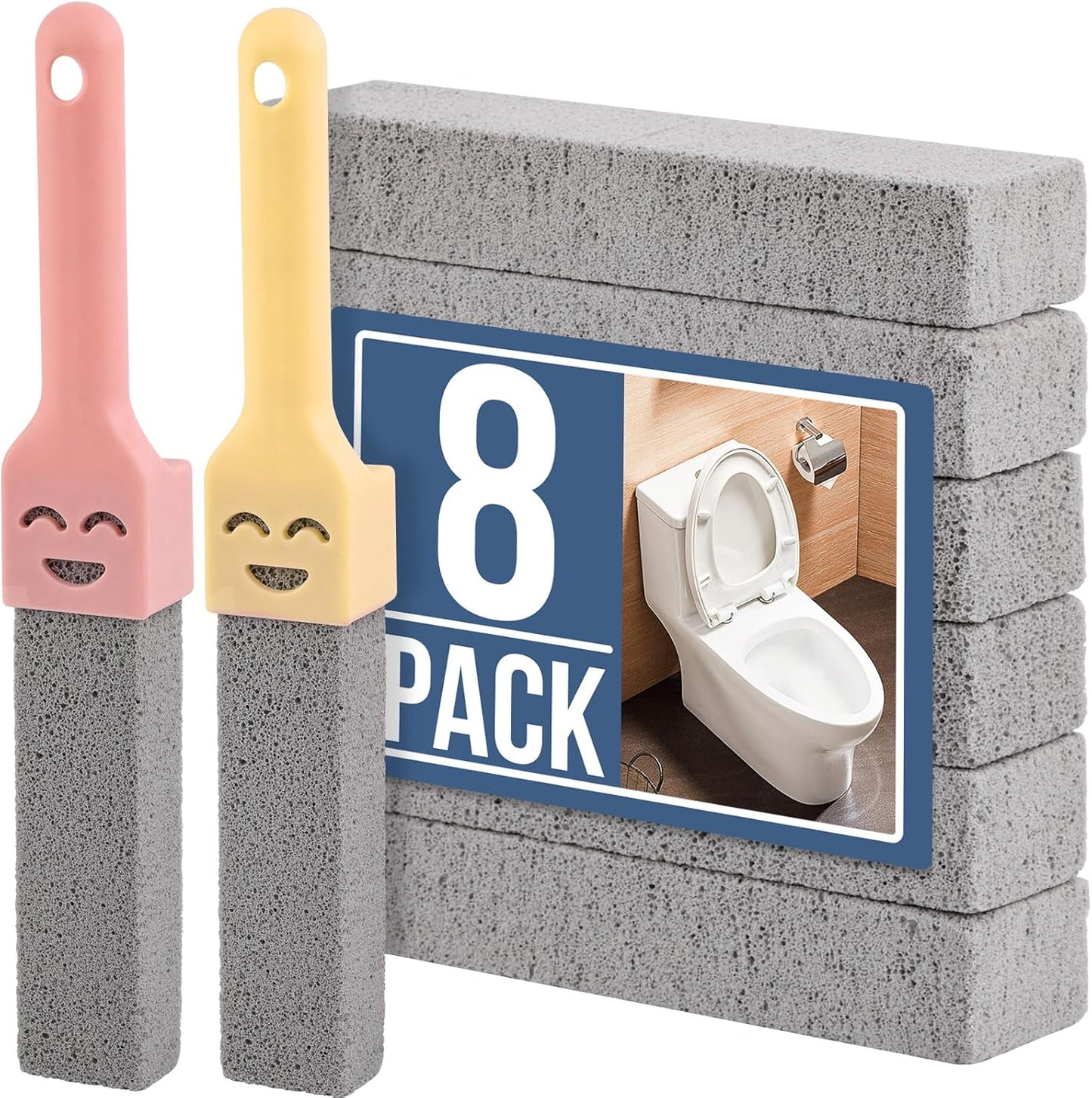 Navona 8 Pack Pumice Stone Scouring Sticks with 2 Universal Handles, Grey Pumice Stone Cleaner for Cleaning Toilets, Bathrooms, Kitchens, Spas and Pools