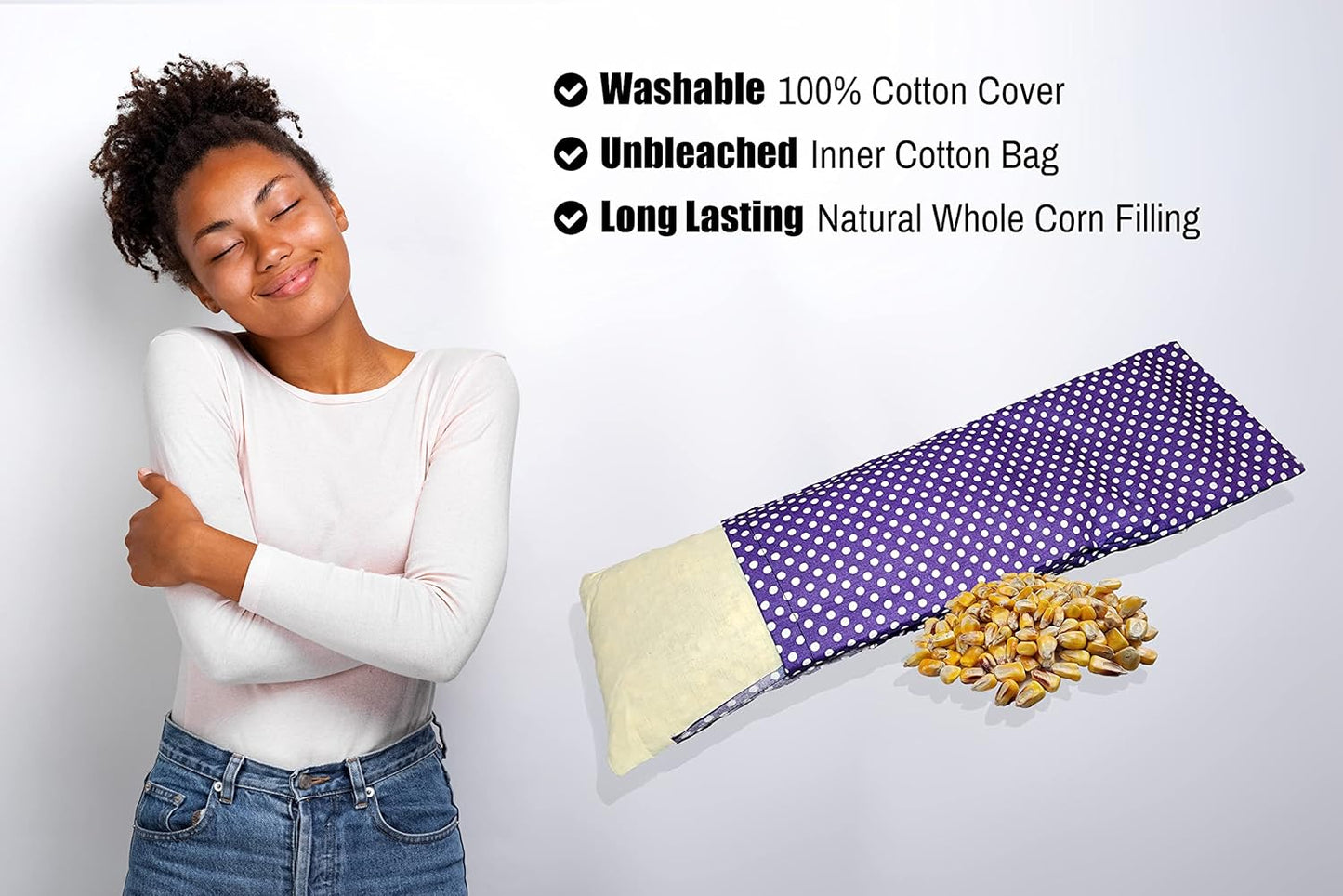 Microwavable Corn Filled Heating Pad and Cold Pack/Washable 100% Cotton Cover (Polka Dot - Purple, 5.25in W x 17.25in L)
