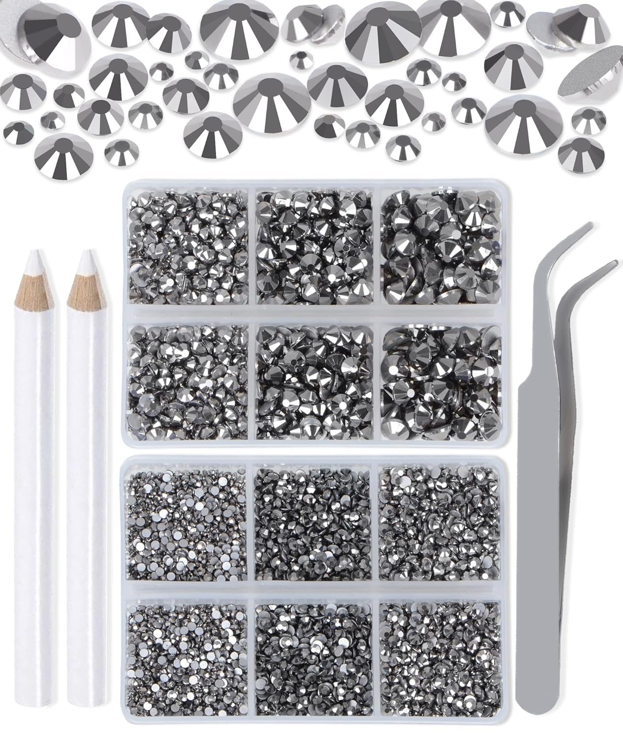 LPBeads 6000 Pieces Jet Hematite Non Hotfix Rhinestones 6 Sizes Round Crystal Glass Flat Back Rhinestones with Tweezers and Picking Pen for Nail Art Crafts Clothes Bags DIY