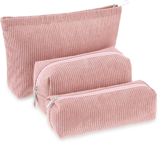 3 Pcs Makeup Bag Set for Women Corduroy Cosmetic Pouch Aesthetic Smile Travel Toiletry Bag Cute Purse Pouch Pencil Case Makeup Brushes Storage Organizer for Christmas(Pink,Solid Style)