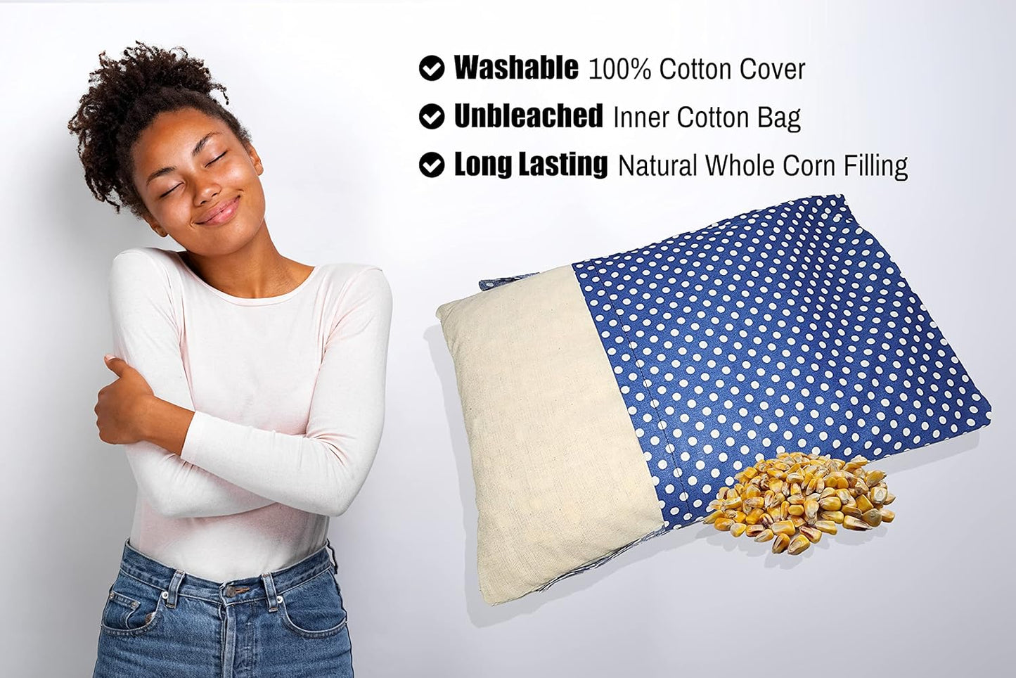 Microwavable Corn Filled Heating Pad and Cold Pack/Washable 100% Cotton Cover (Polka Dot - Blue, 7.5in W x 11in L)