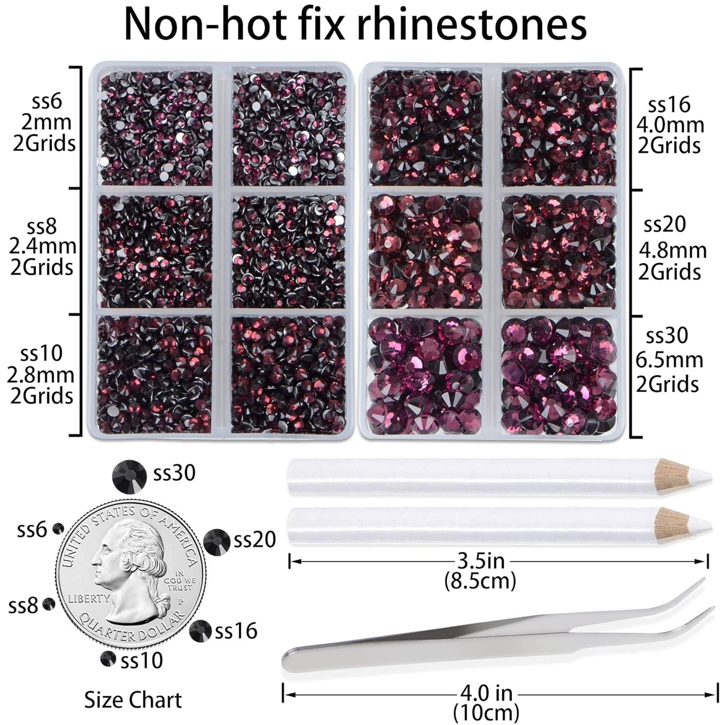 LPBeads 6000 Pieces Amethyst Non Hotfix Rhinestones 6 Sizes Round Crystal Glass Flat Back Rhinestones with Tweezers and Picking Pen for Nail Art Crafts Clothes Bags DIY
