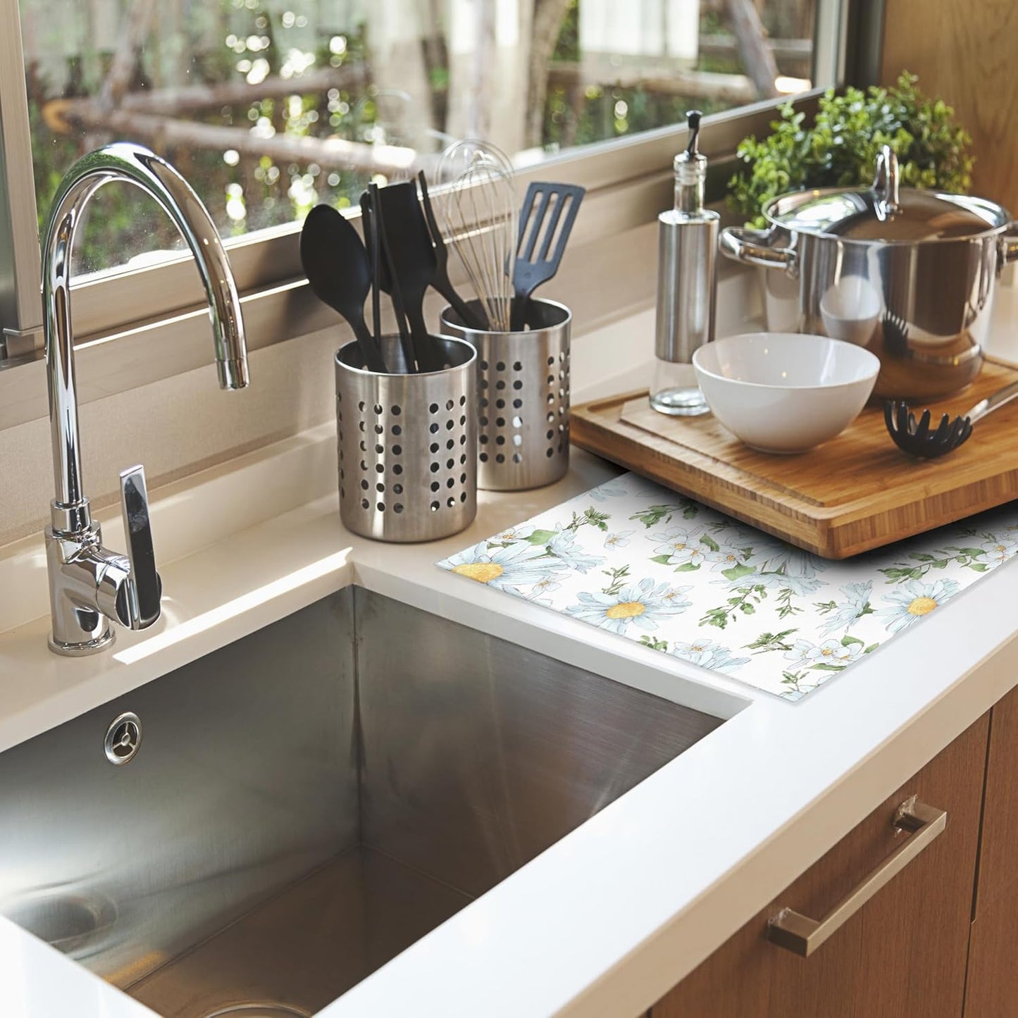 White Chamomile Flowers Dish Drying Rack Mats Decor, Dish Pad Drying Mat Kitchen Counter 18x24 Inch Absorbent Reversible Microfiber for Coffee Bar Sink Countertop