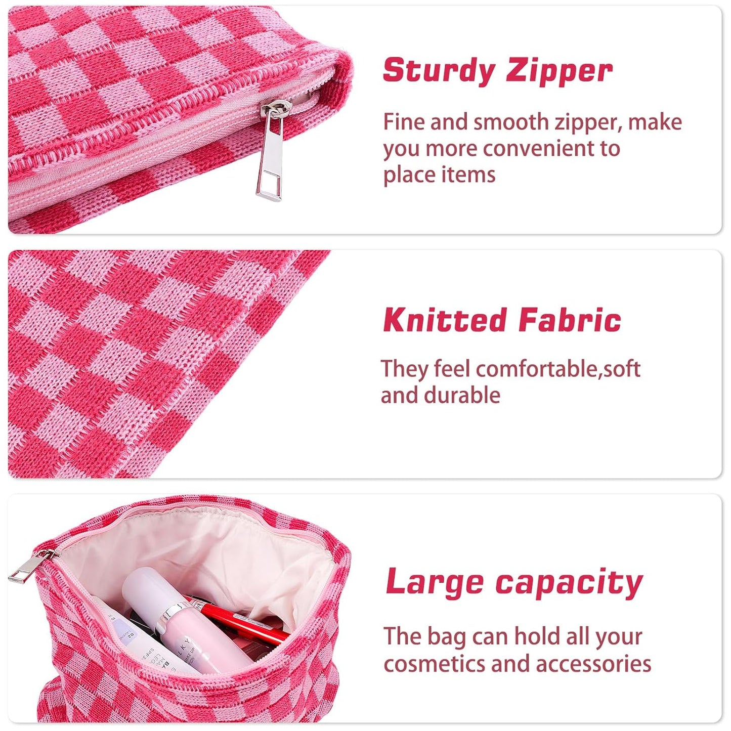 ZLFSRQ 2Pcs Checkered Makeup Bag for Women Large Capacity Cosmetic Bag Set Travel Makeup Pouch for Purse Zipper Toiletry Organizer Cute Y2K Aesthetic Trendy Skincare Storage Organizer(Pink/Green)