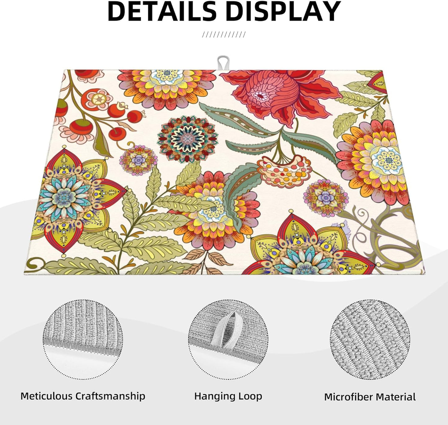 Boho Floral Dish Drying Mat for Kitchen Counter 18"x24" Colorful Decorative Dishes Pad Dish Drainer Rack Mats Microfiber Washable Absorbent Kitchen Decor, Flower