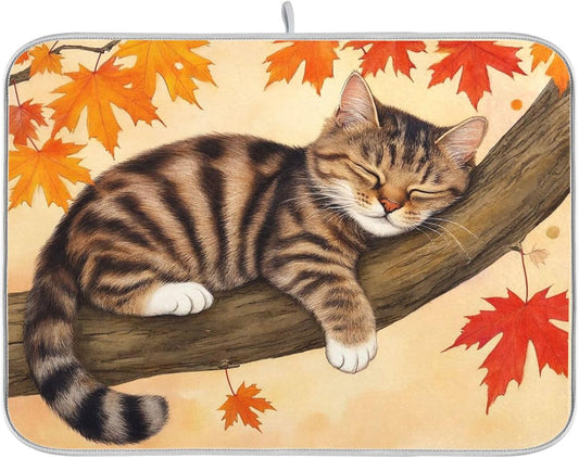 Fall Cats Dish Drying Mat for Kitchen Countertop 18x24 Autumn Maple Leaves Kitty Thanksgiving Day Large Drying Mat Reusable Quick Dry Dish Sink Mats Easy Clean Decorative Essentials
