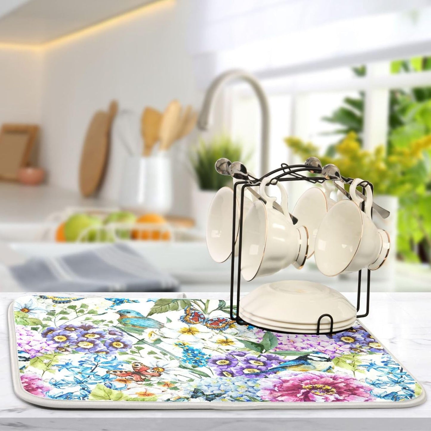 Floral Birds Dish Drying Mat for Kitchen Spring Globe Daisy Butterfly Flowers Microfiber Drying Mats Absorbent Reversible Dish Pad Medium Dish Draining Mat 16x18 inch