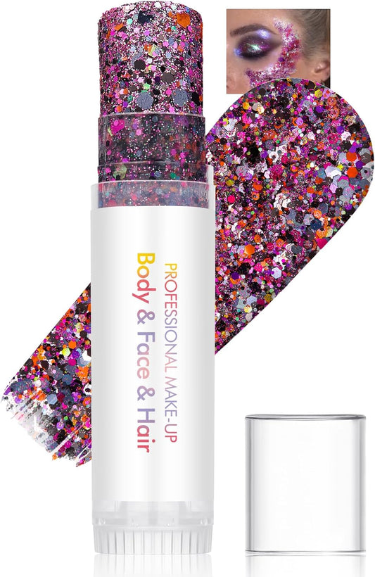 Body Glitter Stick, Waterproof Long Lasting Sparkling Face Shimmer Makeup, Singer Concerts Disco Music Halloween Festival Rave Accessories, Holographic Chunky Sequins Hair Stick,Gift for Women girl-29