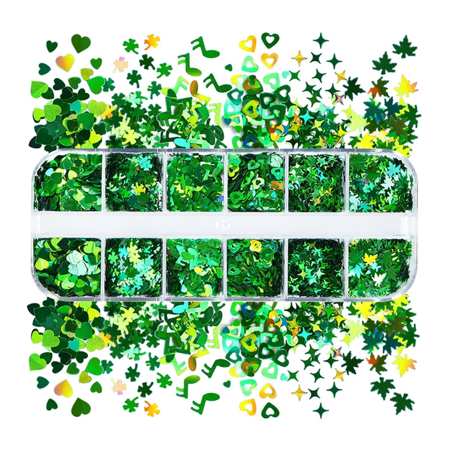 St.Patrick's Day Nail Art Glitter Sequins 3D Holographic Laser Green Hearts Stars Leaves Clovers Musical Nail Acrylic Stickers Spring Shiny Flakes Nail Supplies for Women Girls Nail Decoration 12Grids