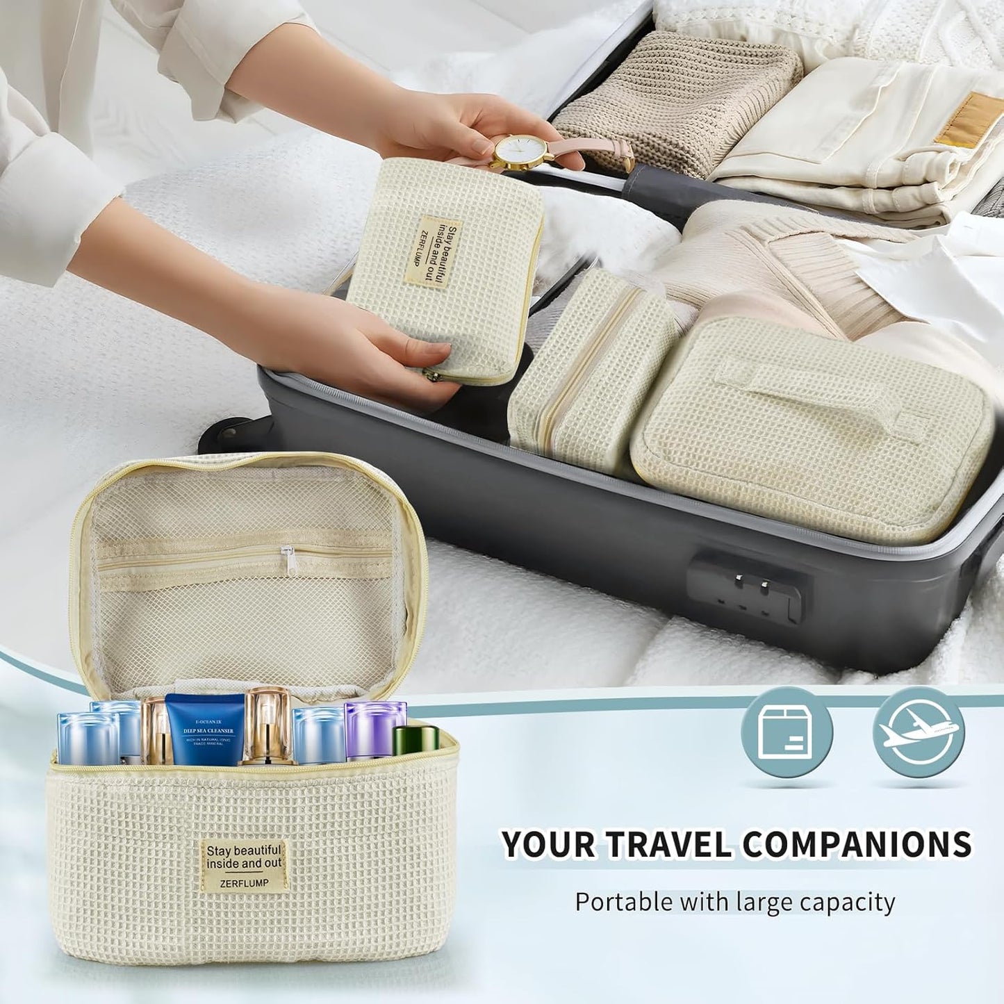 Cute Quilted Floral Makeup Bag(3Pcs)，Coquette Aesthetic Cosmetic Bag，Travel Toiletry Bags， Kawaii Aesthetic pouch for Women (91 - Beige)