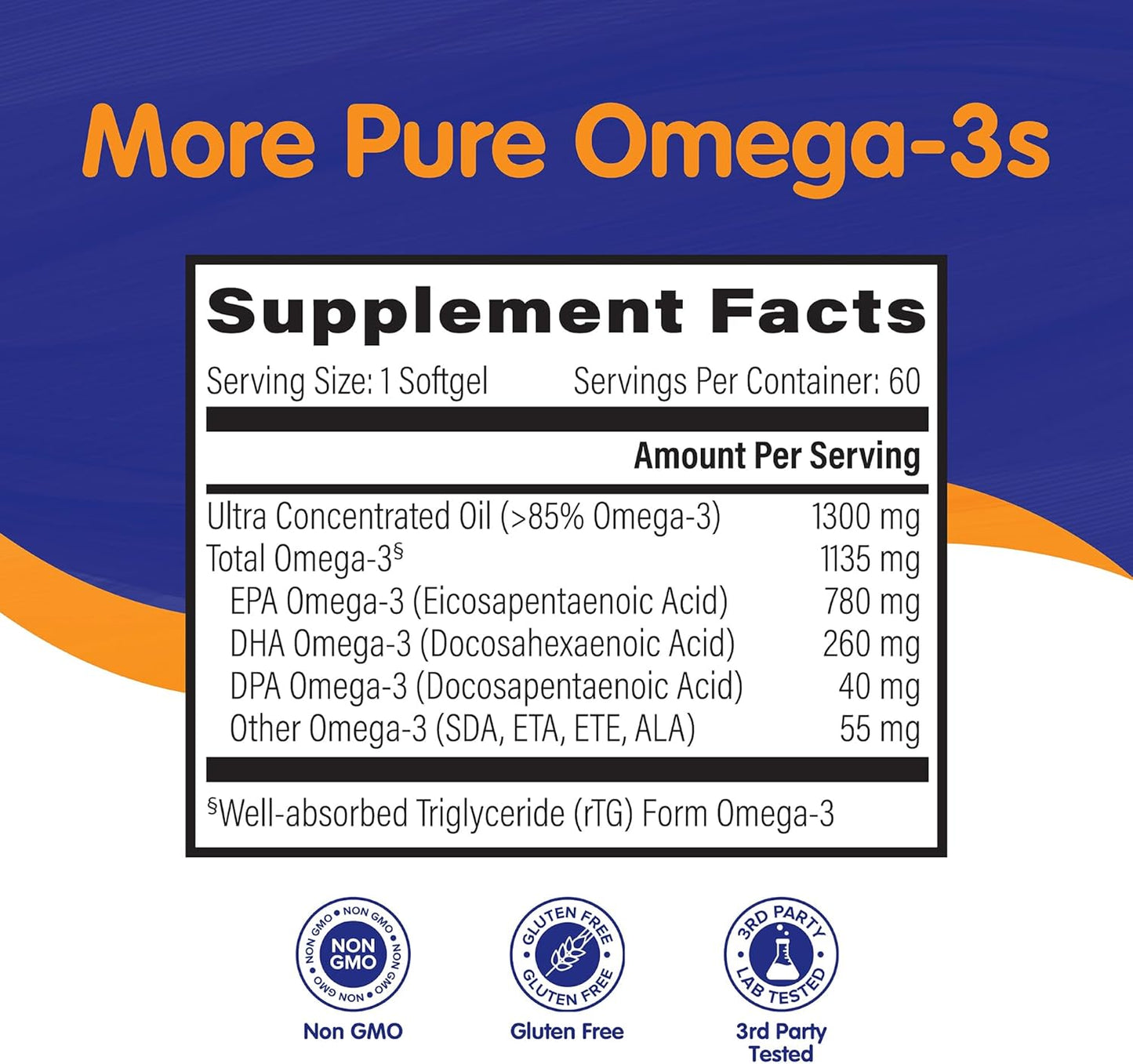 OmegaVia Ultra Concentrated Omega 3 Fish Oil Burpless, 60 Softgels, Triple Strength Omega 3 Fish Oil Supplements, 1135 mg Pure Omega3, No Fishy Burps, High EPA DHA DPA, IFOS 5-Star