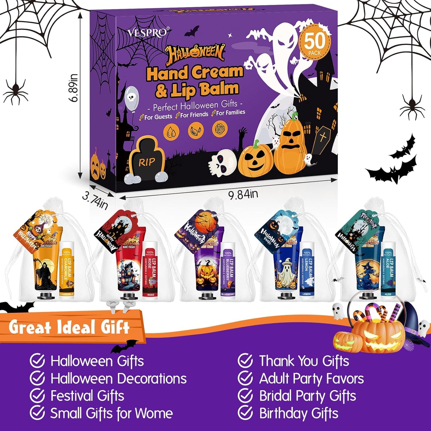 VESPRO 50 Pack Halloween Hand Cream and Lip Balm Set, Bulk Halloween Gifts with Halloween Cards and Organza Bag, Halloween Decorations and Halloween Party Favors Goodies for Women