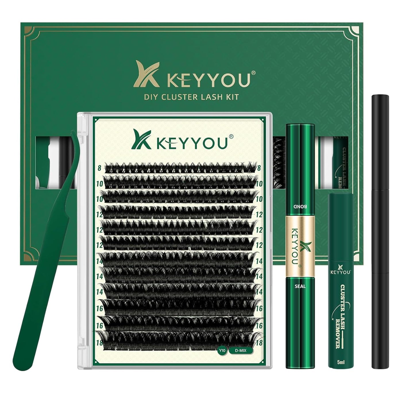 DIY Lash Extension Kit 144pcs 8-18MIX Lash Clusters with Super Hold Mascara Brush Bond and Seal Lash Remover Lash Applicators Lash Brush for KEYYOU DIY Lash Kit (Y10 Kit)