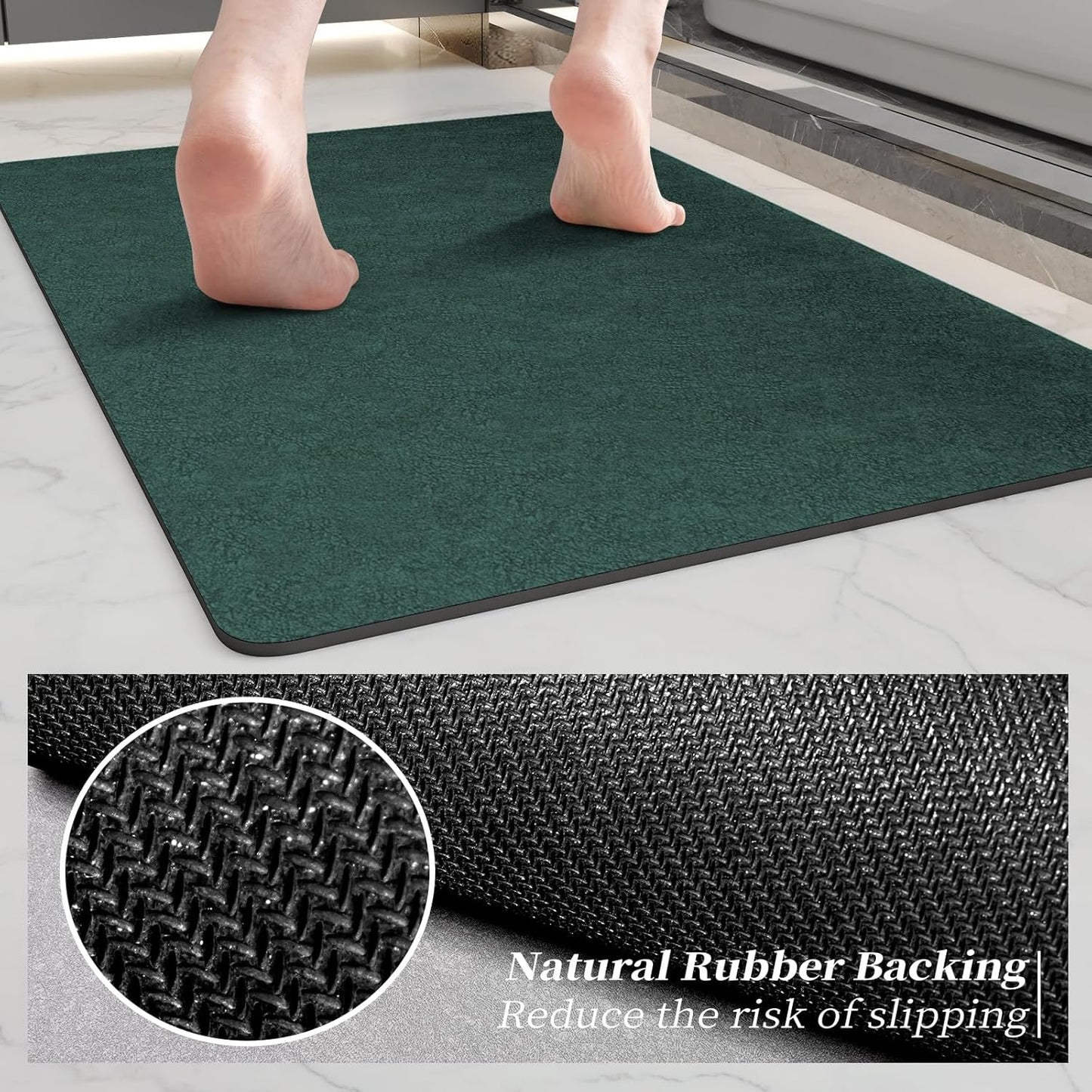 Bath Mat Rugs 32x17 - Diatomaceous Earth Bath Mat Quick Dry Absorbing Bathroom Rugs Rubber Non Slip Thin Bathroom Mat Fit Under Door, Bath Mat for Bathroom Floor, Tub and Shower, Sink, Dark Green
