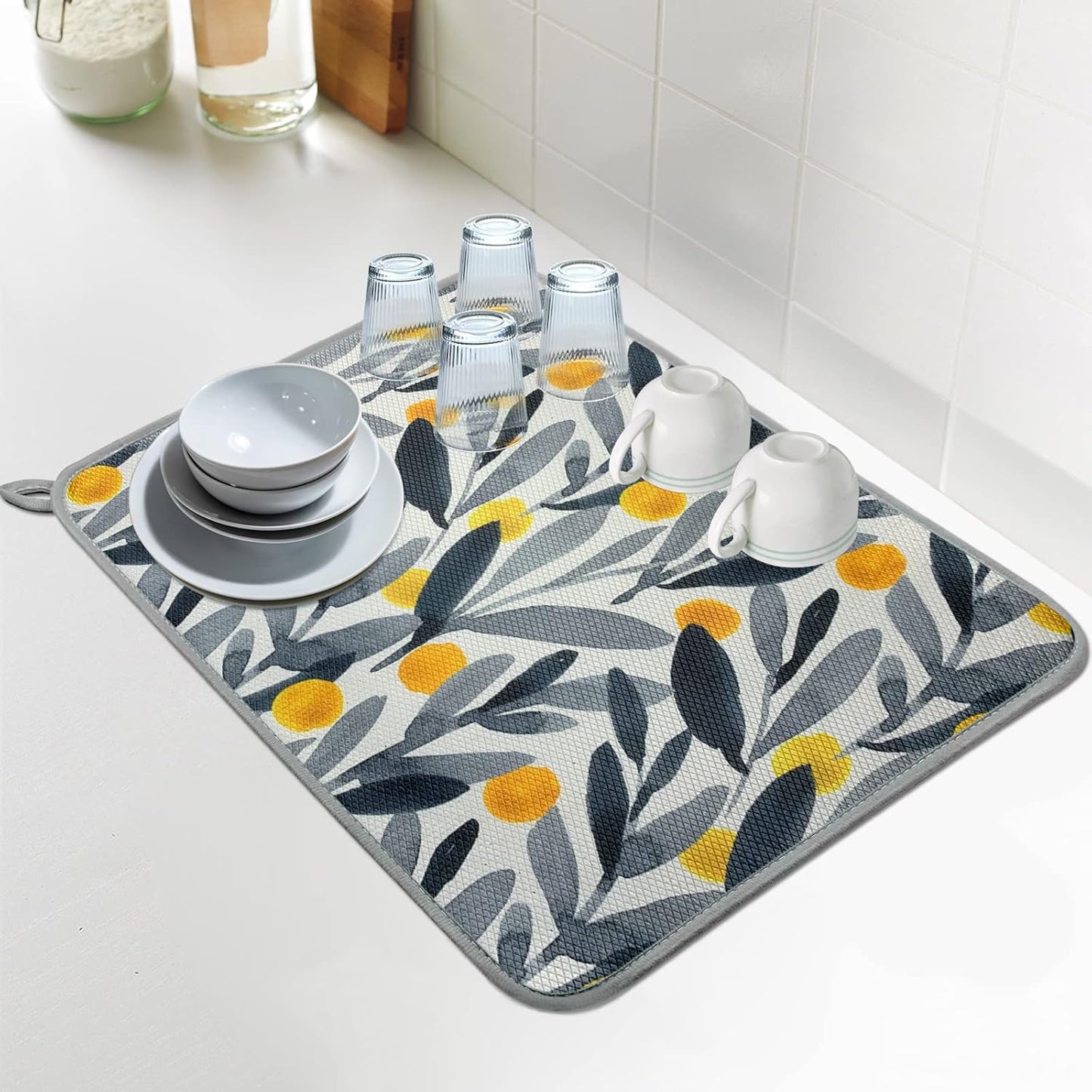 SHIYUE Dish Drying Mat for Kitchen Counter Super Absorbent Spring Kitchen Decor Microfiber Drying Matainers Rack Fast Pad Dish Drainer Mats(Watercolor Leaves,18''x24'')