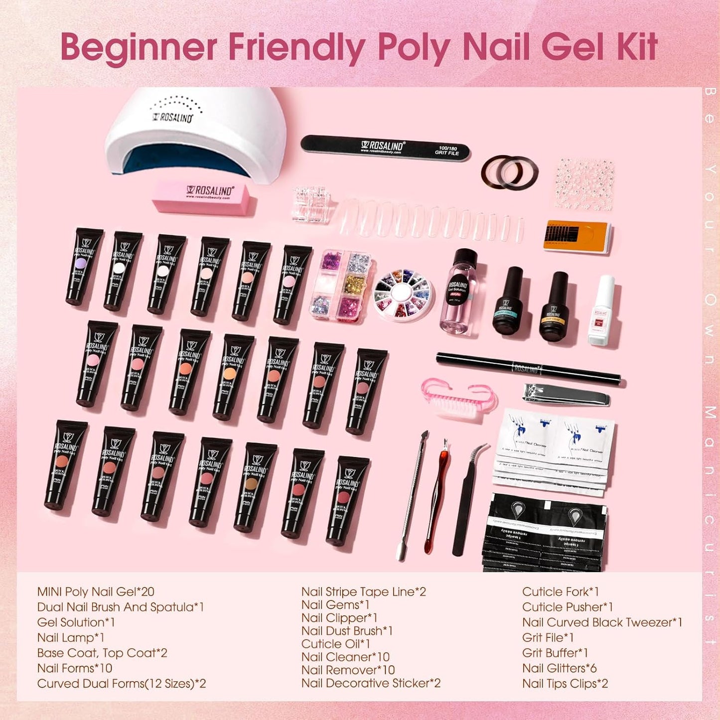 ROSALIND Poly Nail Gel Kit -20 Colors + 72Nail Art Accessories Kit, Nude Clear Poly Nail Gel Nail Kit Starter Kit with Big U V Lamp Slip Solution for Pink Nail Extensions Gel Dual Forms Nail Brush