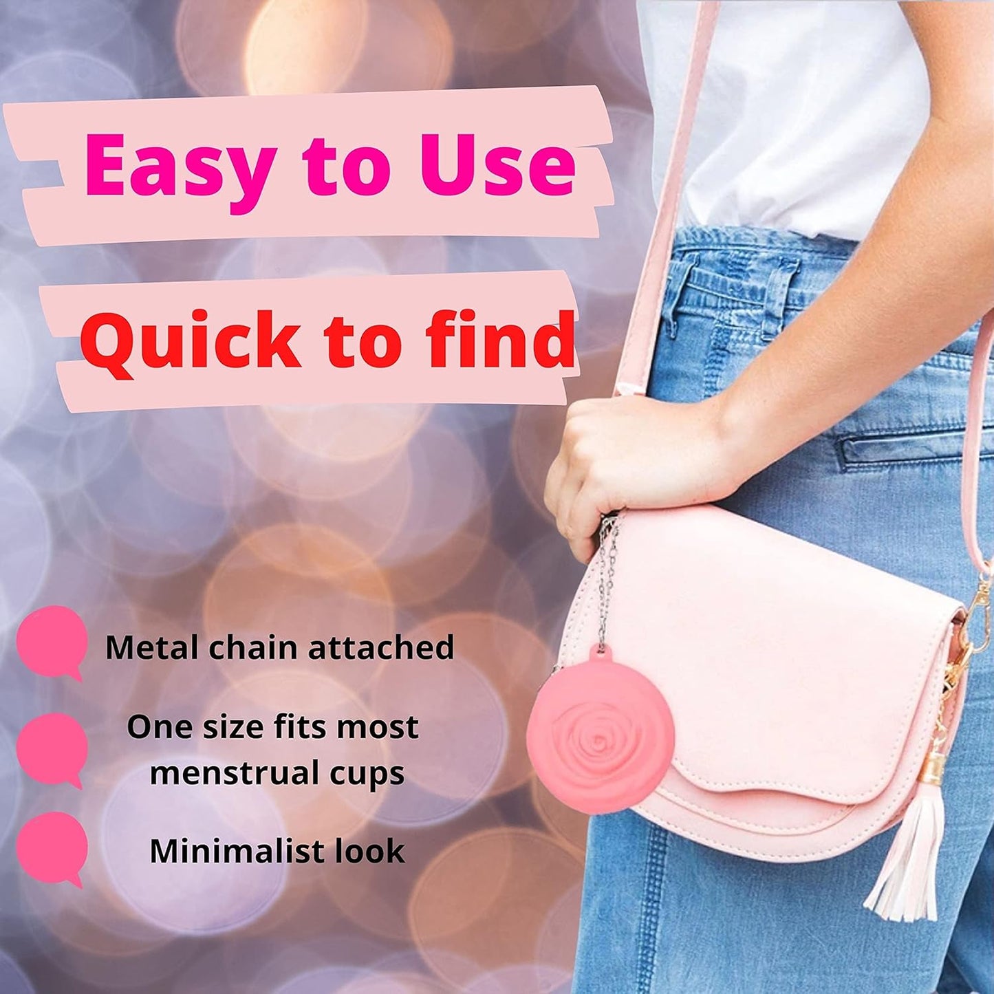 Menstrual Period Cup Case Storage Bag | Rose Design + Silicon Material | Easy to carry, clean, and use | Metal Chain attached | Multi-use for small items (Cup not included) Pink