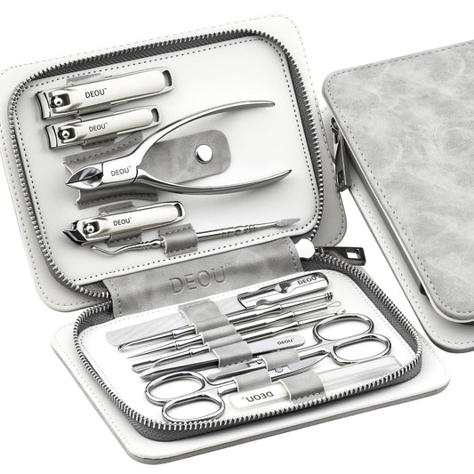 DEOU 13pcs Nail Grooming Kit Stainless Steel Professional Manicure Set Men Nail Care Tools with woman Luxurious Portable Travel Case Gift (Gray)