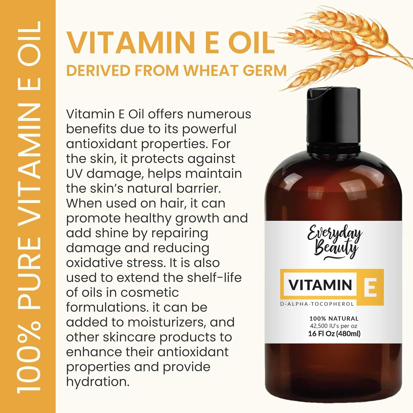 Pure Vitamin E Oil Bulk - 16 oz D-Alpha Tocopherol 100% Pure & All Natural 42,500 IU per oz - Not a Blend, Thick, Amber Color - from Wheat Germ - Face Body Hair - DIY Cosmetics & After Surgery Scars…